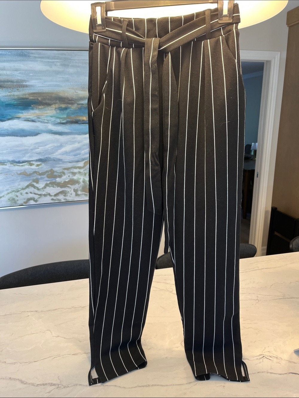 Dynamite Black with White Pinstripe Tie-Waist Dress Pants